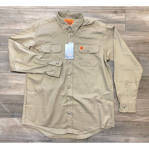 Wrangler FR Flame Resistant Mens M Long Sleeve Western Canvas Tan Work Shirt